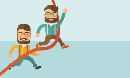 A happy two hipster Caucasian men with beard running to the finish line for meeting the deadline. Winner, victory concept.A contemporary style with pastel palette soft blue tinted background. Vector flat design illustration. Horizontal layout with text spのイラスト素材
