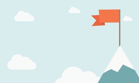 A red flag on the top of a mountain symbolizing of overcoming difficulties to achieve winning results. Achieving the goal. A contemporary style with pastel palette soft blue tinted background with desaturated clouds. Vector flat design illustration. Horizのイラスト素材