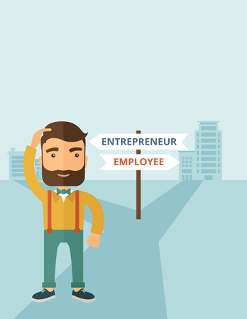 A hipster Caucasian man change career directions employee to entrepreneur street direction a sign of progress a big decision to make in changing direction. Improvement concept. A contemporary style with pastel palette soft blue tinted background. Vector fのイラスト素材