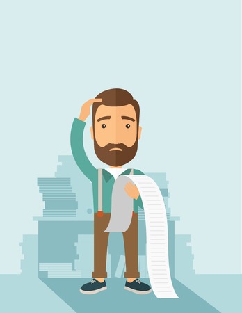 A sad hipster Caucasian man with beard standing holding a paper feels headache and worries about paying a lot of bills. Problem, worries concept. A contemporary style with pastel palette soft blue tinted background. Vector flat design illustration. Verticのイラスト素材