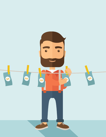 A businessman with beard standing hanging his money has a financial problem. He enter into money laundering business. Bankruptcy concept.  A contemporary style with pastel palette soft blue tinted background. Vector flat design illustration. Vertical layoのイラスト素材