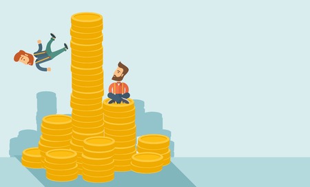Happy businessman sitting with self confidence on the top of a coin while competitor feel sad on his falling down from higher piled coin as a symbol of unsuccessful business.A contemporary style with pastel palette soft blue tinted background. Vector flatのイラスト素材