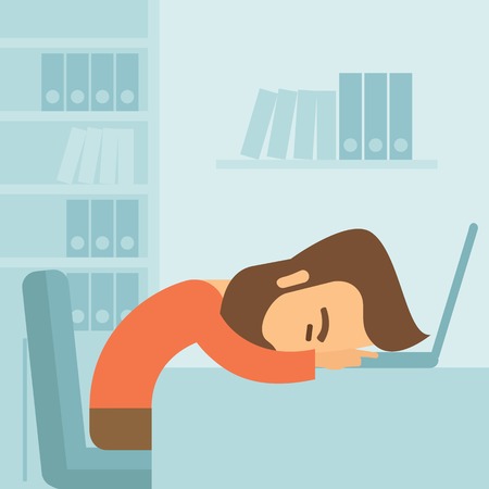 A tired Caucasian sitting on the chair sleeping over the laptop on workplace in business office. A contemporary style with pastel palette soft blue tinted background. Vector flat design illustration. Square layout.のイラスト素材