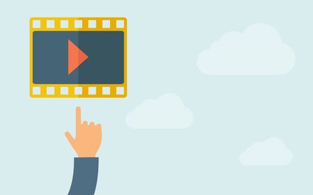 A hand pointing to film icon. A contemporary style with pastel palette, light blue cloudy sky background. Vector flat design illustration. Horizontal layout with text space on right part.のイラスト素材