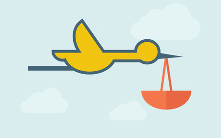 Bird carrying bag. A contemporary style with pastel palette, light blue cloudy sky background. Vector flat design illustration. Horizontal layout with text space on right part.のイラスト素材