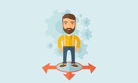 A young and good looking man standing in circle with 3 arrows on the ground, metaphor to starting or beginning to go straight, right or left. New Beginning cocept. A Contemporary style with pastel palette, soft blue tinted background. Vector flat design iのイラスト素材