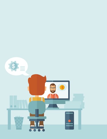 Man sitting inside his office facing backward while the other man is inside the computer, communicate each other discussing about business by using the internet thru skype video. Communication concept. A Contemporary style with pastel palette, soft blue tのイラスト素材