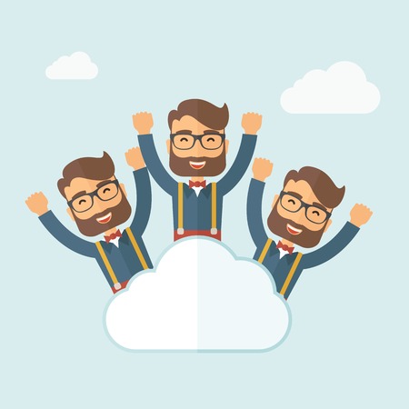 Three same face businessmen on top of cloud happy raising hands showing for their success in business career. Business growth. A contemporary style with pastel palette, soft blue tinted background with desaturated clouds. Vector flat design illustration. のイラスト素材