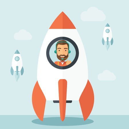 A man with beard is happy inside the rocket it is a metaphor for starting a business, new beginning. On-line start up business concept.  A Contemporary style with pastel palette, soft blue tinted background with desaturated clouds. Vector flat design illuのイラスト素材