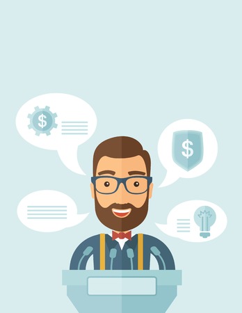 A Caucasian speaker stands behind a podium with microphones makes a business report  and marketing strategy inside the conference room. Presentation, reporting concept. A contemporary style with pastel palette, soft blue tinted background. Vector flat desのイラスト素材