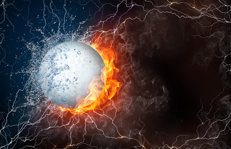 Golf ball on fire and water with lightening around on black background. Horizontal layout with text space.の写真素材