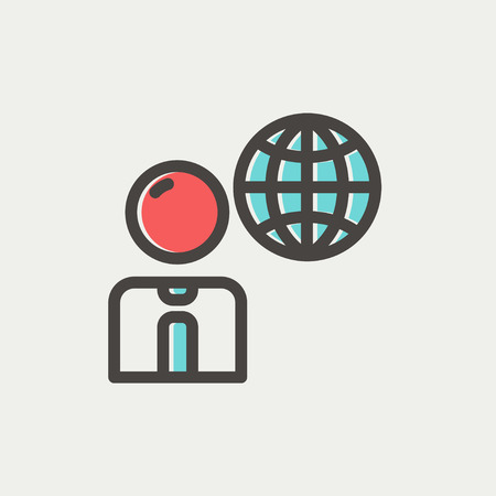 Businessman with global icon thin line for web and mobile, modern minimalistic flat design. Vector icon with dark grey outline and offset colour on light grey background.のイラスト素材