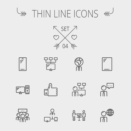 Technology thin line icon set for web and mobile. Set includes - Mobile phone, gadget, computer, CPU, global. Modern minimalistic flat design. Vector dark grey icon on light grey background.のイラスト素材