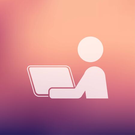Man working on computer icon in flat style for web and mobile, modern minimalistic flat design. Vector white icon on gradient mesh backgroundのイラスト素材