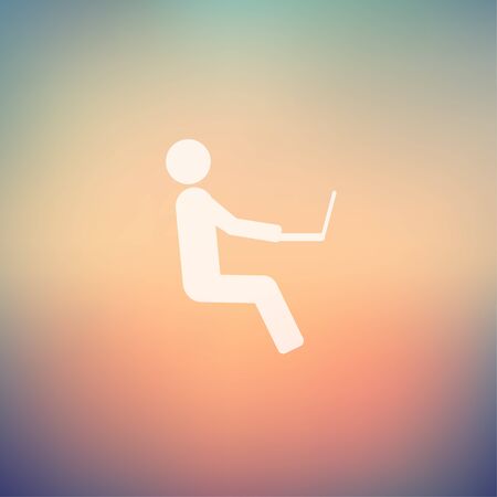 Man sitting with laptop icon in flat style for web and mobile, modern minimalistic flat design. Vector white icon on gradient mesh backgroundのイラスト素材