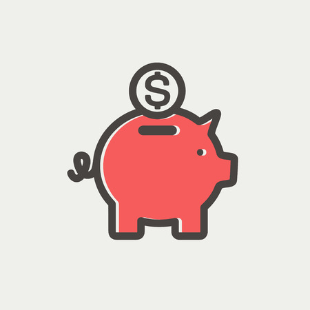 Piggy bank and dollar coin icon thin line for web and mobile, modern minimalistic flat design. Vector icon with dark grey outline and offset colour on light grey background.のイラスト素材