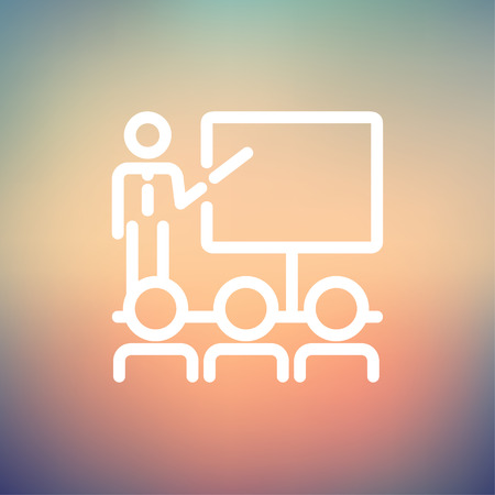 Businessman giving a presentation icon thin line for web and mobile, modern minimalistic flat design. Vector white icon on gradient mesh background.のイラスト素材