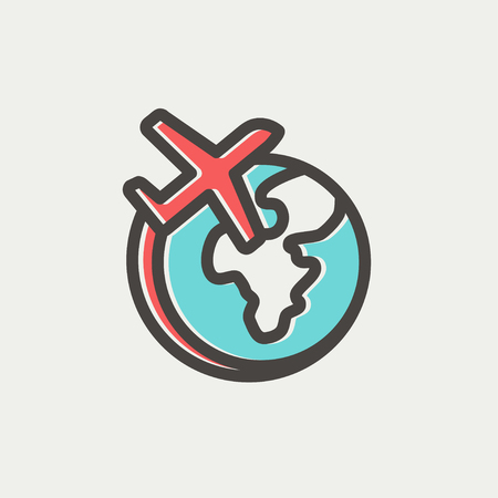 Airplane flying around the world thin line for web and mobile, modern minimalistic flat design. Vector icon with dark grey outline and offset colour on light grey background.のイラスト素材