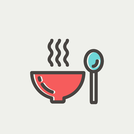Bowl of hot soup with spoon icon thin line for web and mobile, modern minimalistic flat design. Vector icon with dark grey outline and offset colour on light grey background.のイラスト素材