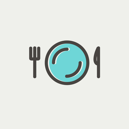 Plate, knife and fork icon thin line for web and mobile, modern minimalistic flat design. Vector icon with dark grey outline and offset colour on light grey background.のイラスト素材