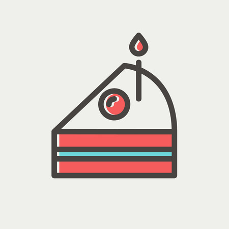 Slice of cake with candle icon thin line for web and mobile, modern minimalistic flat design. Vector icon with dark grey outline and offset colour on light grey background.のイラスト素材