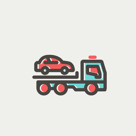 Car towing truck icon thin line for web and mobile, modern minimalistic flat design. Vector icon with dark grey outline and offset colour on light grey background.のイラスト素材