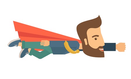 A super businessman flying high to achieve his goal. Leadership concept. A Contemporary style. Vector flat design illustration isolated white background. Horizontal layout.のイラスト素材