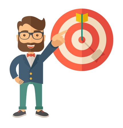 A Caucasian salesman happy standing while his hand pointing to the arrow from target pad shows that he hit his target sales. Business concept. A Contemporary style. Vector flat design illustration isolated white background. Square layout.のイラスト素材