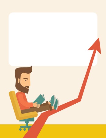A caucasian sitting, relaxing in increasing business.  Progress business concept. A Contemporary style with pastel palette, soft beige tinted background. Vector flat design illustration. Vertical layout with text space on top part.のイラスト素材