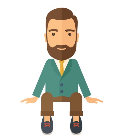 A happy businessman smiling while sitting for his business success. Business concept. A Contemporary style. Vector flat design illustration isolated white background. Square layout.のイラスト素材
