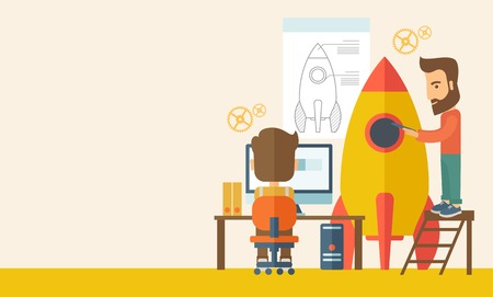 Two man to launch for new start up idea in business. Business concept. . A Contemporary style with pastel palette, soft beige tinted background. Vector flat design illustration. Horizontal layout with text space in left side.のイラスト素材