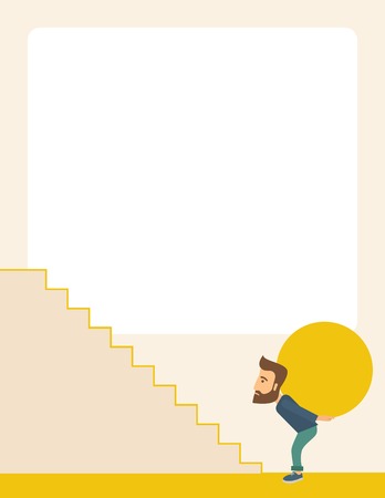 A buisnessman sacrifice in carrying a big ball going up to reach the goal. A Contemporary style with pastel palette, soft beige tinted background. Vector flat design illustration. Vertical layout with text space on top partのイラスト素材