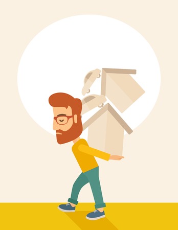 A sad man carrying house and car as his loan or debt from the bank.  A Contemporary style with pastel palette, soft beige tinted background. Vector flat design illustration. Vertical layout with text space on top partのイラスト素材