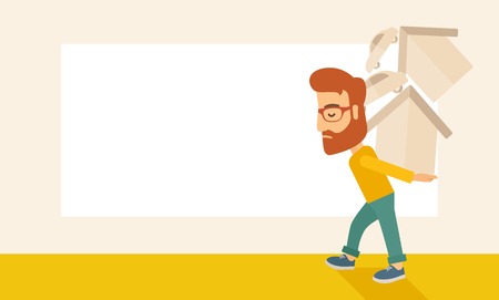 A sad man carrying house and car as his loan or debt from the bank.  A Contemporary style with pastel palette, soft beige tinted background. Vector flat design illustration. Horizontal layout with text space in left side.のイラスト素材