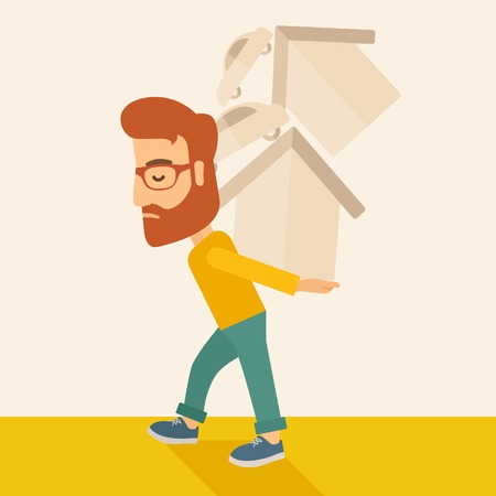 A sad man carrying house and car as his loan or debt from the bank. A Contemporary style with pastel palette, soft beige tinted background. Vector flat design illustration. Square layout.のイラスト素材