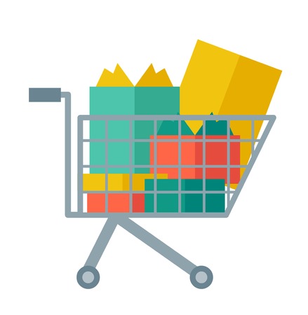 Shopping cart full of shopping bags and gift boxes. A contemporary style. Vector flat design illustration with isolated white background. square layoutのイラスト素材