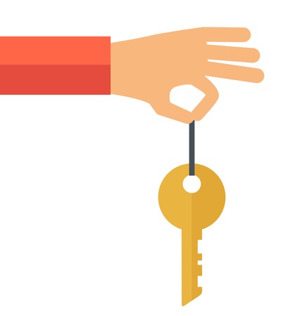 A hand holding a key. A contemporary style. Vector flat design illustration with isolated white background. square layoutのイラスト素材