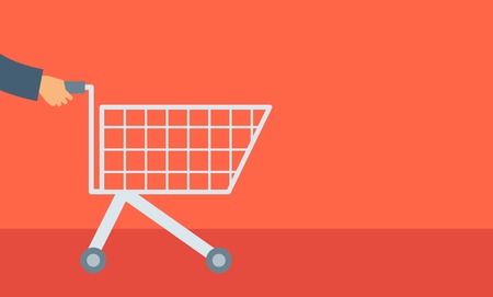 An empty supermarket cart. A Contemporary style with pastel palette, soft orange tinted background. Vector flat design illustrations. Horizontal layout with text space in right side.のイラスト素材