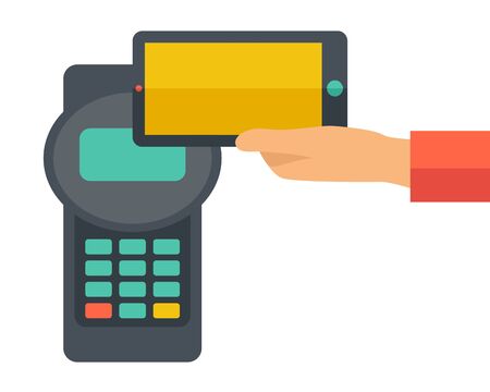 A credit card machine and smartphone as use for internet shopping. A contemporary style. Vector flat design illustration with isolated white background. Square layout.のイラスト素材