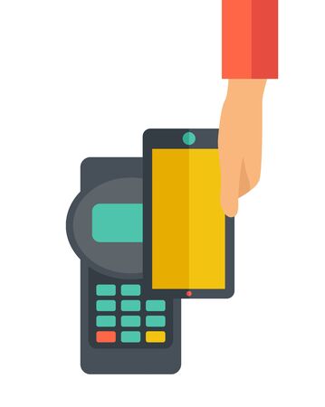 A credit card machine and smartphone as use for internet shopping. A contemporary style. Vector flat design illustration with isolated white background. Vertical layoutのイラスト素材