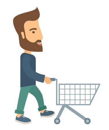 A handsome guy pushing an empty cart. A contemporary style. Vector flat design illustration with isolated white background. Vertical layoutのイラスト素材