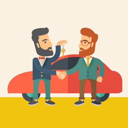 A Car sale handed to other man. A Contemporary style with pastel palette, soft beige tinted background. Vector flat design illustration. Square layout.のイラスト素材