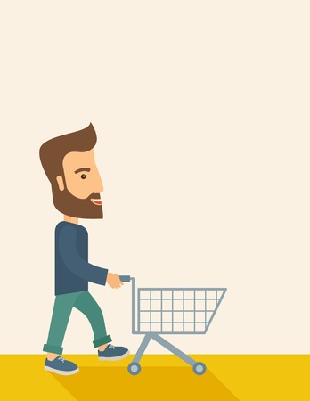 A handsome guy pushing an empty cart. A Contemporary style with pastel palette, soft beige tinted background. Vector flat design illustration. Vertical layout with text space in right side.のイラスト素材