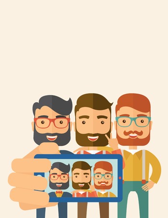 A three happy men taking a selfie using smartphone. A Contemporary style with pastel palette, soft beige tinted background. Vector flat design illustration. Vertical layout with text space on top part.のイラスト素材