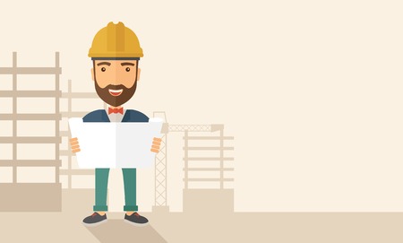 A young hipster engineer holding while reviewing the construction plan. A Contemporary style with pastel palette, soft beige tinted background. Vector flat design illustration. Horizontal layout with text space in right side.のイラスト素材