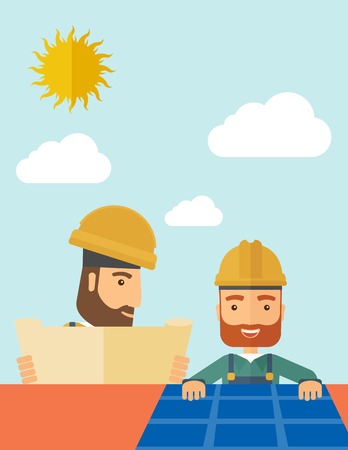 A man putting a solar panel on the roof as a alternative energy system. A Contemporary style with pastel palette, soft beige tinted background with desaturated cloud.  Vector flat design illustration. Vertical layoutのイラスト素材