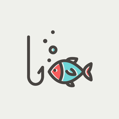 Fish is looking on a fish hook icon thin line for web and mobile, modern minimalistic flat design. Vector icon with dark grey outline and offset colour on light grey background.のイラスト素材