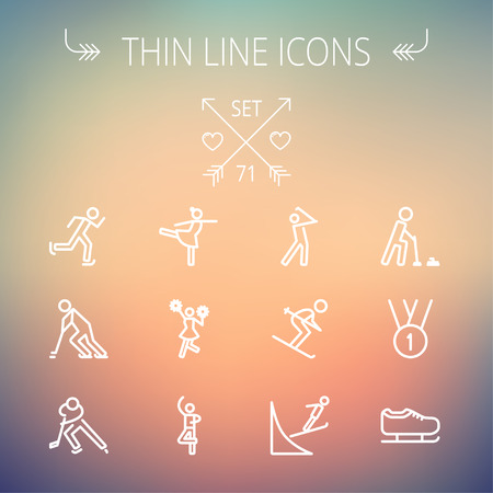 Sports thin line icon set for web and mobile. Set includes-1st place medal, ice skate, skiing, golf, hockey, ballet, running, cheerleader icons. Modern minimalistic flat design. Vector white icon on gradient mesh background.のイラスト素材