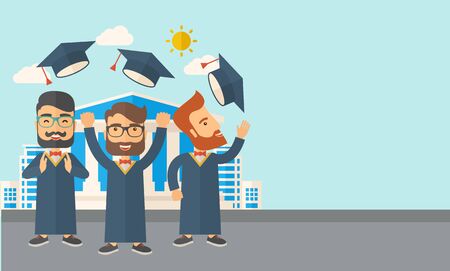 A smiling three men throwing graduation cap in the air. A Contemporary style with pastel palette, soft blue tinted background with desaturated clouds. Vector flat design illustration. Horizontal layout with text space in right side.のイラスト素材