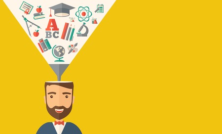 A man with icons and student ideas. A Contemporary style with pastel palette, dark yellow tinted background. Vector flat design illustration. Horizontal layout with text space in right side.のイラスト素材